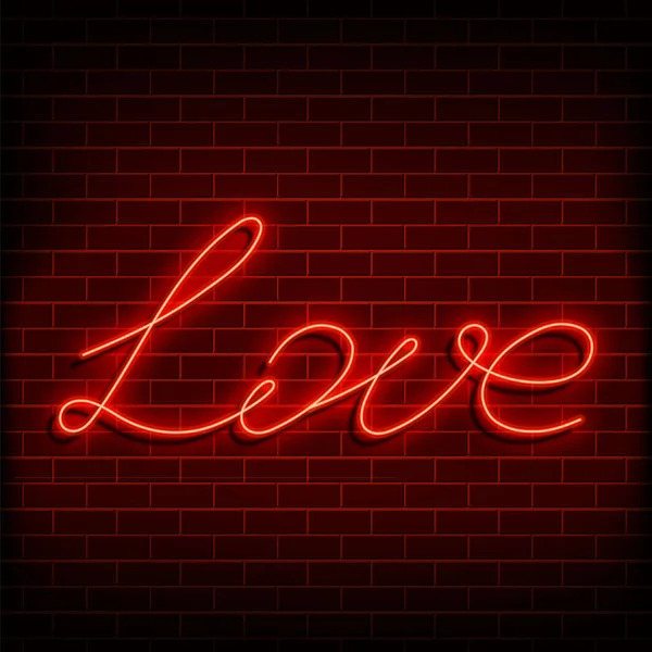 네온이라는 단어의 사랑. 벽돌 벽에 밝은 붉은색 표시가 있습니다. 행복 한 발렌타인데이를 위한 디자인 조합. 벡터 일러스트 — 스톡 벡터