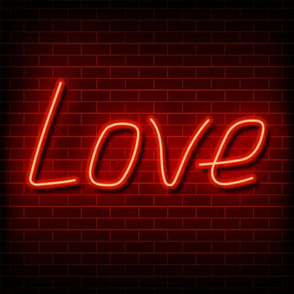 네온이라는 단어의 사랑. 벽돌 벽에 밝은 붉은색 표시가 있습니다. 행복 한 발렌타인데이를 위한 디자인 조합. 벡터 일러스트 — 스톡 벡터