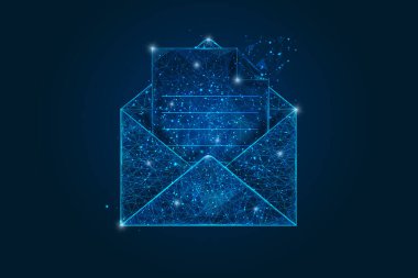 Bir mektubun, postanın ya da mesajın soyut izole edilmiş görüntüsü. Çokgen çizimler, gece gökyüzündeki yıldızlara benzer. Ya da cam kırıklarına. Web sitesi, web, internet için dijital tasarım.