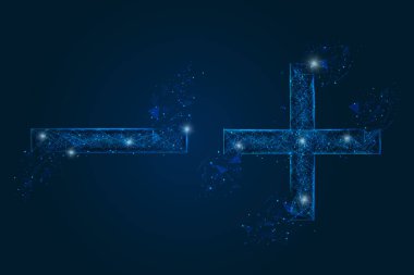 Bir matematik işaretinin soyut mavi görüntüsü. Çokgen çizimler, gece gökyüzündeki yıldızlara benzer. Ya da cam kırıklarına. Web sitesi, web, internet için dijital tasarım.
