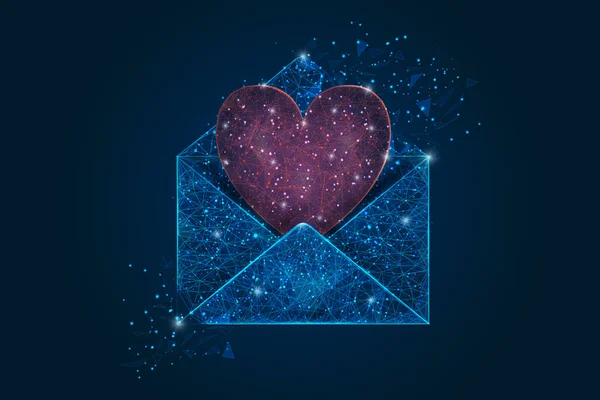 Абстрактне ізольоване зображення листа, пошти або повідомлення з червоним серцем. Багатокутна ілюстрація виглядає як зірки в розмитому нічному небі в спектрі або літаючих скляних оболонках. Цифровий дизайн для веб-сайту — стоковий вектор