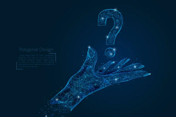 Soru işareti simgesi olan insan elinin soyut izole görüntüsü. Çokgen düşük poligonal stil illüstrasyon, gece gökyüzündeki yıldızlara benzer..