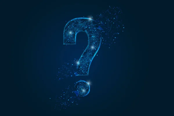 Bir soru işaretinin soyutlanmış mavi görüntüsü. Çokgen çizimler, gece gökyüzündeki yıldızlara benzer. Ya da cam kırıklarına. Web sitesi, web, internet için dijital tasarım.