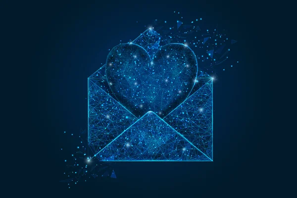Абстрактне ізольоване зображення листа, пошти або повідомлення з серцем. Багатокутна ілюстрація виглядає як зірки в розмитому нічному небі в спектрі або літаючих скляних оболонках. Цифровий дизайн для веб-сайту — стоковий вектор