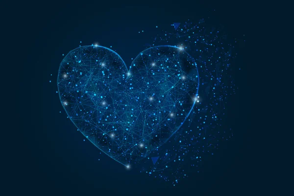 Абстрактне ізольоване блакитне зображення серця. Багатокутна ілюстрація виглядає як зірки в розмитому нічному небі в спектрі або літаючих скляних оболонках. Цифровий дизайн веб-сайту, Інтернету . — стоковий вектор