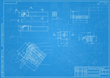 Mavi arka planda makine mühendisliği çizimleri. Kesici, değiştirilebilir çok yönlü plakalı montaj aracı. Teknik Tasarım. Koruyun. Ayrıntılı plan. Vektör illüstrasyonu.