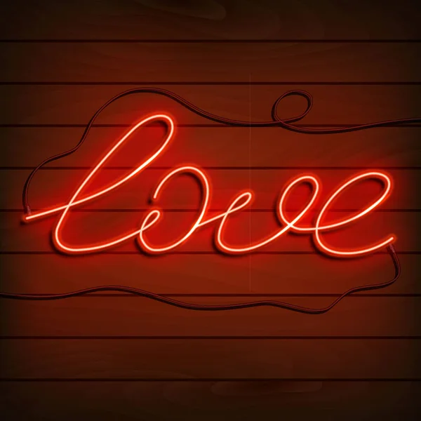 네온이라는 단어의 사랑. 나무 벽에 밝은 붉은 표시가 있습니다. 행복 한 발렌타인데이를 위한 디자인 조합. 벡터 일러스트. — 스톡 벡터