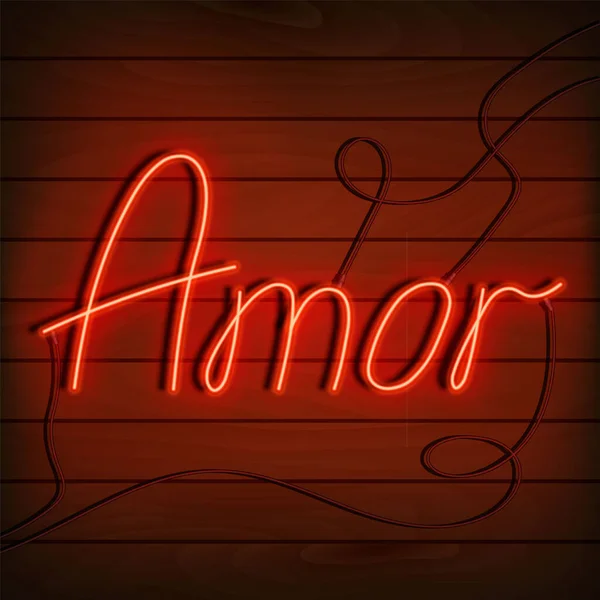 Néon amour mot en espagnol et portugais. Un panneau rouge vif sur un mur en bois. Élément de design pour une joyeuse Saint Valentin. Illustration vectorielle — Image vectorielle