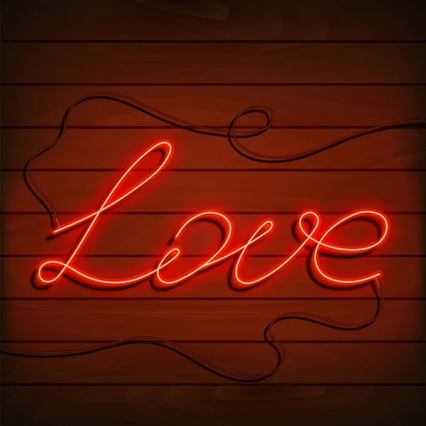 Amor à palavra néon. Um sinal vermelho brilhante em uma parede de madeira. Elemento de design para um dia feliz dos namorados. Ilustração vetorial. —  Vetores de Stock