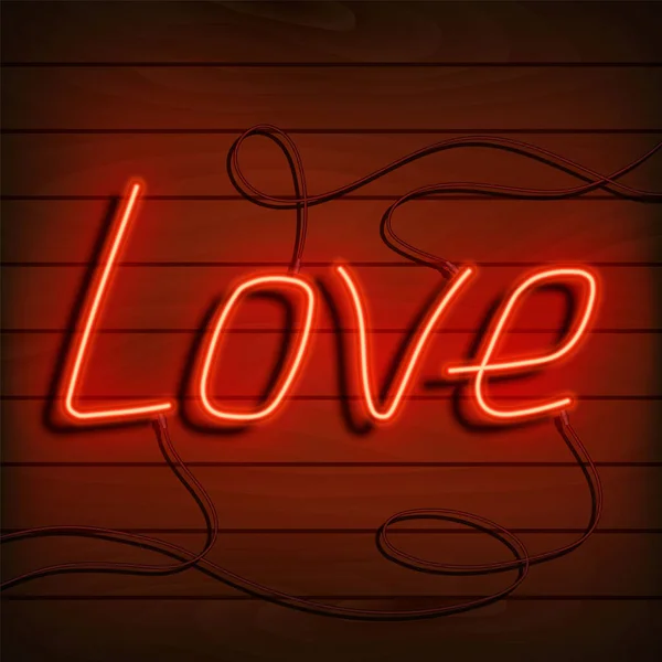 Neon woord liefde. Een helder rood bord op een houten muur. Element van design voor een gelukkige Valentijnsdag. Vectorillustratie. — Stockvector