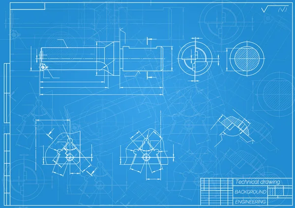 Dessins de génie mécanique sur fond bleu. Appuie sur les outils, ennuyeur. Conception technique. Couverture. Plan directeur. Illustration vectorielle. — Image vectorielle