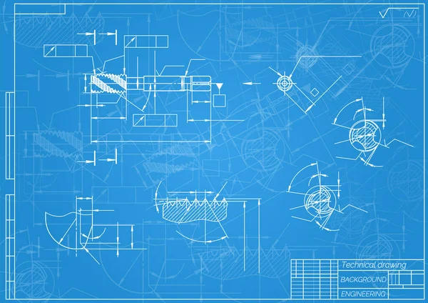 Gépészmérnöki rajzok kék háttérrel. Szerszámok, uncsi. Technikai tervezés. Fedezz! Tervrajz. Vektorillusztráció. — Stock Vector
