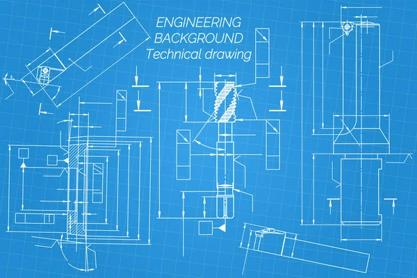 Mechanical engineering drawings on blue background. Tap tools, borer, cutting tools, milling cutter. Technical Design. Cover. Blueprint. Vector illustration. — 图库矢量图片