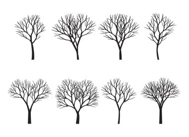 Set of black Trees. Vector outline Illustration.