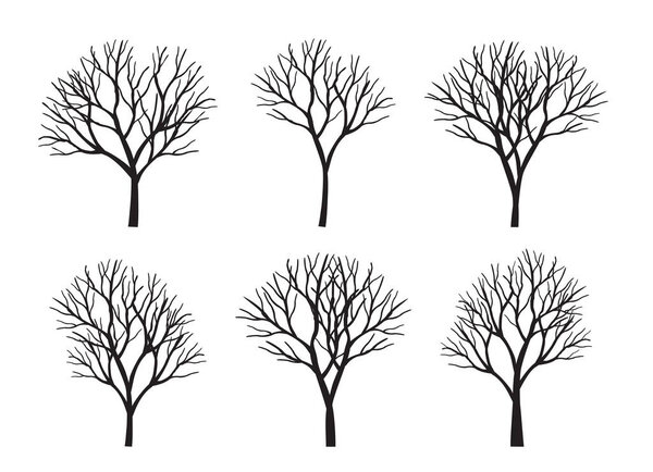 Set of black Trees. Vector outline Illustration.
