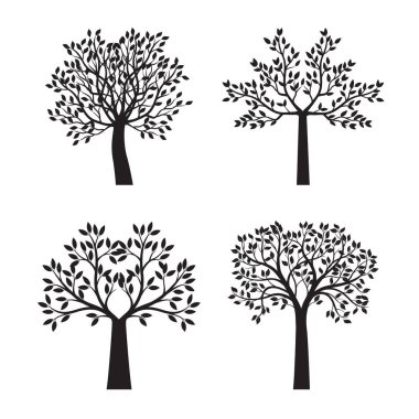 Set of black Trees. Vector outline Illustration.