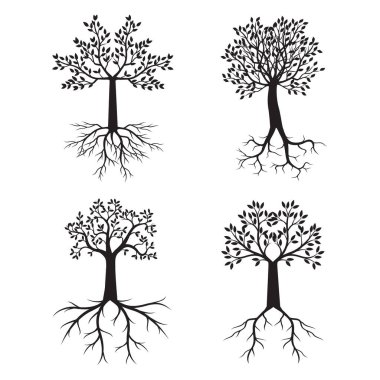Set of black Trees. Vector outline Illustration.