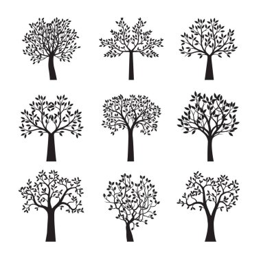 Set of black Trees. Vector outline Illustration.