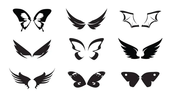 一组黑色天使翼 病媒说明和概述图标 自由的象征 — 图库矢量图片