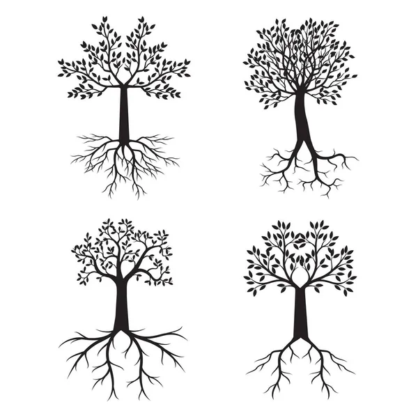 Set Black Trees Vector Outline Illustration — 图库矢量图片