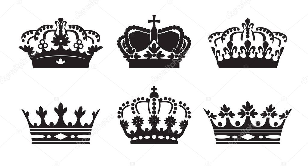 Set of vector king crowns icon on white background. Vector Illustration. Emblem, icon and Royal symbols.