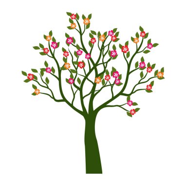 Green spring Tree with Leaves and flowers. Vector outline Illustration. Plant in Garden.