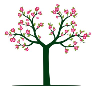 Green spring Tree with Leaves and flowers. Vector outline Illustration. Plant in Garden.