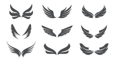 Set of Grey Angel Wings. Vector Illustration and outline Icons. Symbol of freedom.