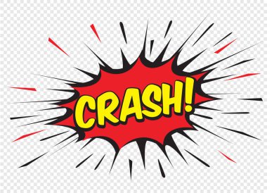 Renkli komik konuşma balonu ve şeffaf arkaplanda CRASH alanı. Balon ve patlama. Vektör İllüstrasyonu ve grafik elementleri.