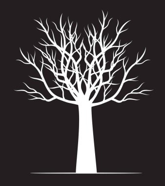 White Tree on black background. Vector outline Illustration. Plant in Garden.