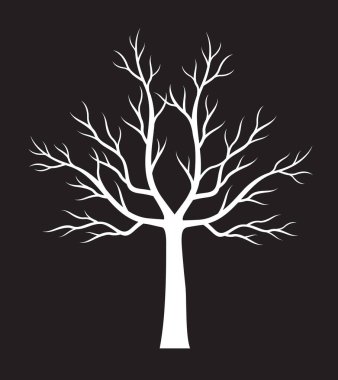 White Tree on black background. Vector outline Illustration. Plant in Garden.