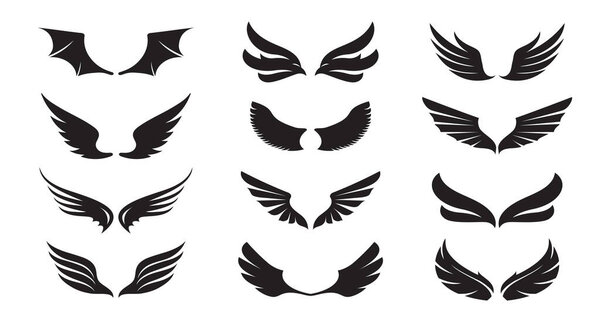 Set of black Angel Wings. Vector Illustration and outline Icons. Symbol of freedom.