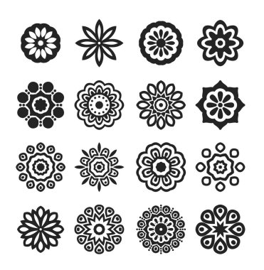 Bir dizi siyah yıldız. Vektör İllüstrasyonu. Mandala ve geometrik çiçekler