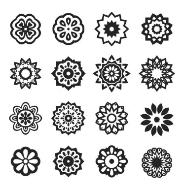 Bir dizi siyah yıldız. Vektör İllüstrasyonu. Mandala ve geometrik çiçekler