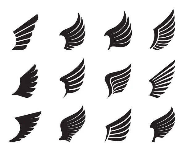 Zestaw Czarnych Skrzydeł Ilustracja Wektorowa Zarys Ikon Symbol Wolności — Wektor stockowy