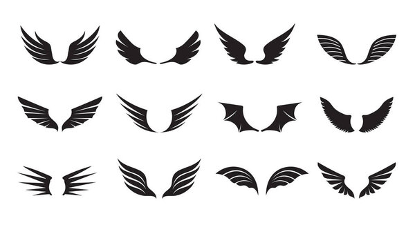 Set of Black Angel Wings. Vector Illustration and outline Icons. Symbol of freedom.