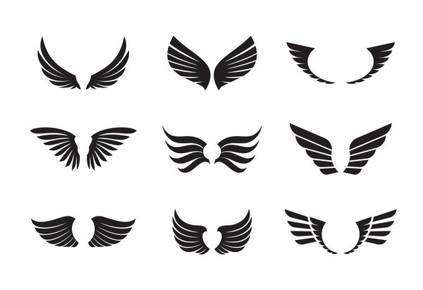 Set of Black Wings. Vector Illustration and outline Icons. Symbol of freedom.