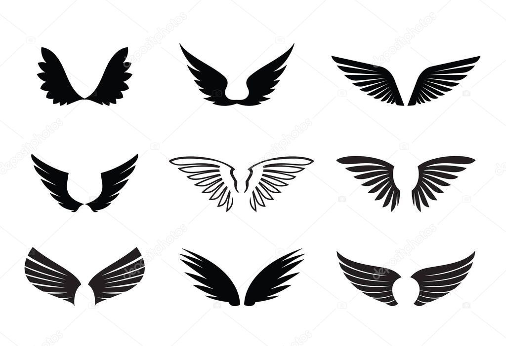 Set of Black Wings. Vector Illustration and outline Icons. Symbol of freedom.
