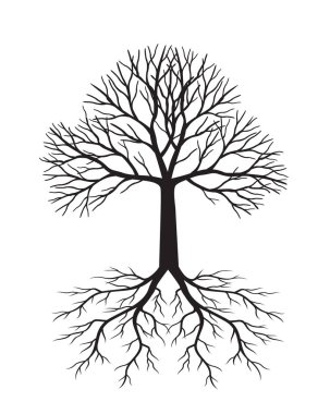 Black Tree with Roots. Vector outline Illustration.