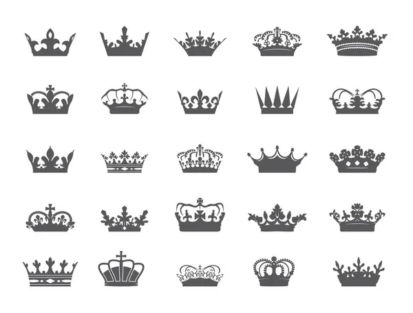 Big Set Black Crown Vector Outline Icons — Stock Vector