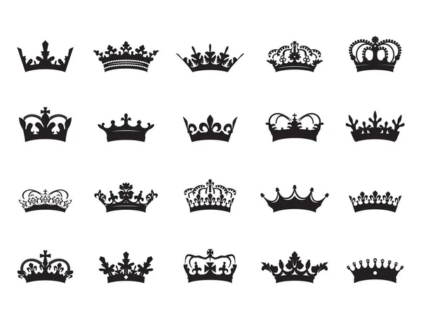 Big Set Black Crown Vector Outline Icons — Stock Vector