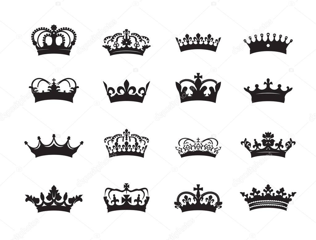 Big set black Crown. Vector outline icons.