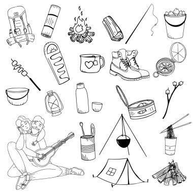 Kamp ve seyahat ikonları, kamp karalama ikonları