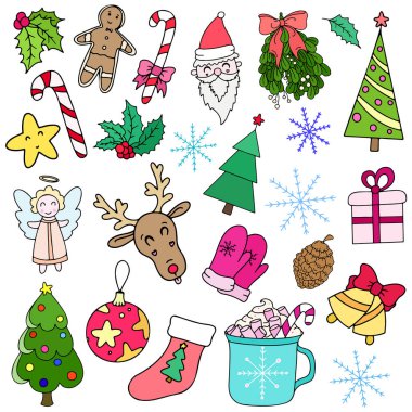 Noel ve Yeni Yıl karalama simgeleri etiketleri ayarlandı