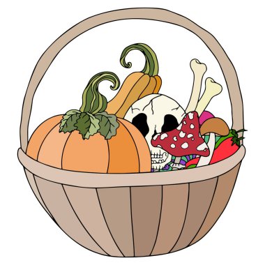 Cadılar Bayramı illüstrasyonu, hasat sepeti, Cadılar Bayramı kabağı