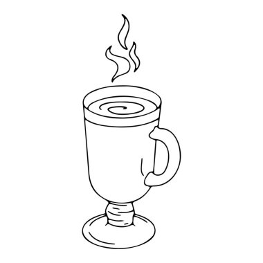 Şarjörde sıcak çay. Doodle tarzı, el çizimi, vektör düz çizimi, beyaz arka planda izole edilmiş. Pankart, logo, simge, etiket, web günlüğü için tasarım