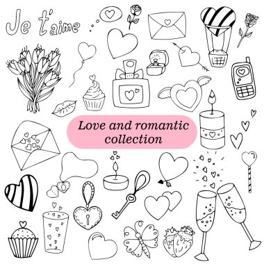 El Çizimi Aşk ve Romantik Vektör İllüzyon Koleksiyonu Sketchy Love Icons Sevgililer Günü, Anneler Günü, düğün, aşk ve elin kalbi için büyük ikonlar