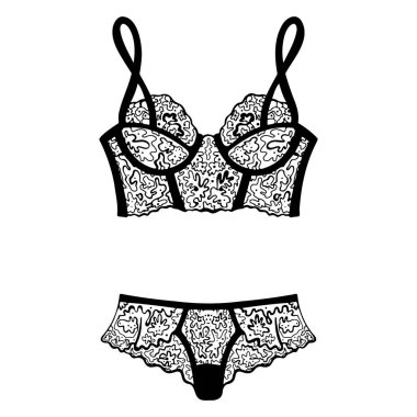 Kadın iç çamaşırının, dantelin, korsenin, yatak odasının vektör çizgisi çizimi