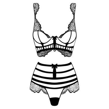 Kadın iç çamaşırının, dantelin, korsenin, yatak odasının vektör çizgisi çizimi
