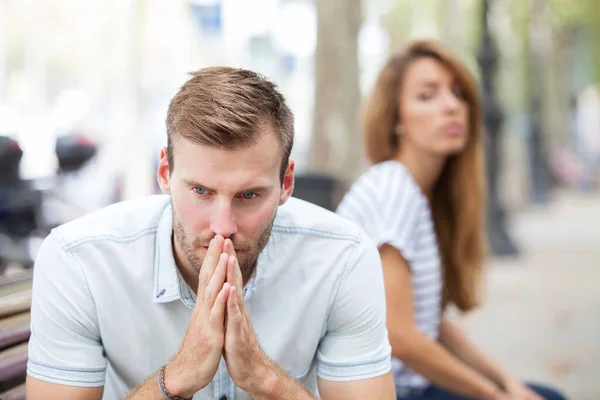 Angry Couple Sitting Bench Street Couple Crisis Concept — Stock Photo, Image